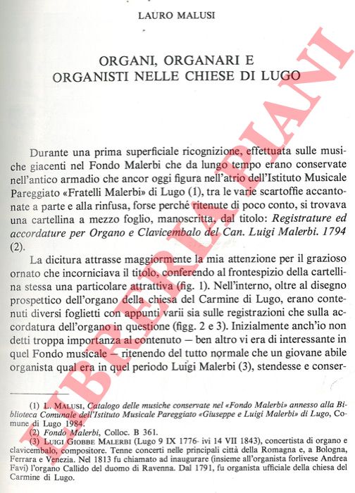 MALUSI Lauro - - Organi, organari e organisti nelle chiese di Lugo.