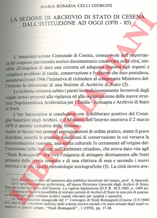 CELLI GIORGINI Maria Rosaria - - La sezione di Archivio di Stato di Cesena dall'istituzione ad oggi.