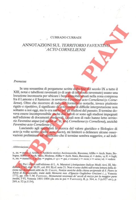 CURRADI Currado - - Annotazioni sul territorio Faventino acto Corneliensi.