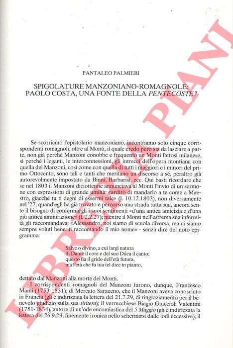 PALMIERI Pantaleo - - Spigolature manzoniano-romagnole: Paolo Costa, una fonte della Pentecoste? .