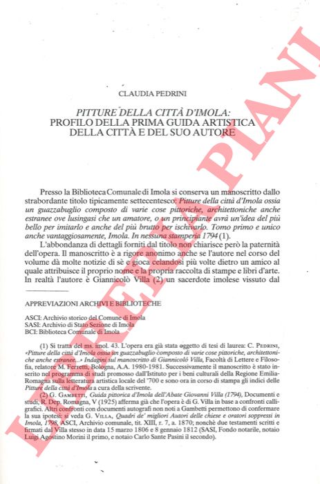 PEDRINI Claudia - - Pitture della citt d'Imola: profilo della prima guida artistica della citt e del suo autore.