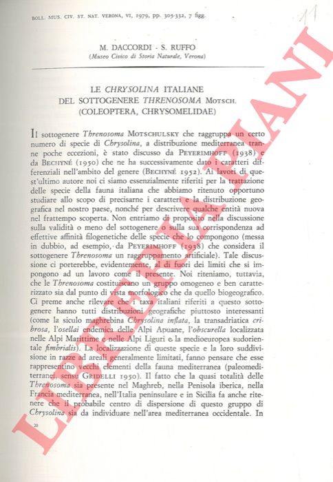 DACCORDI M. - RUFFO S. - - Le Chrysolina italiane del sottogenere Threnosoma Motsch (Coleoptera Chrysomelidae) .