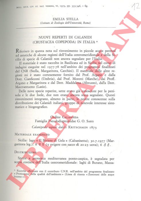 STELLA Emilia - - Nuovi reperti di Calanidi (Crustacea Copepoda) in Italia.