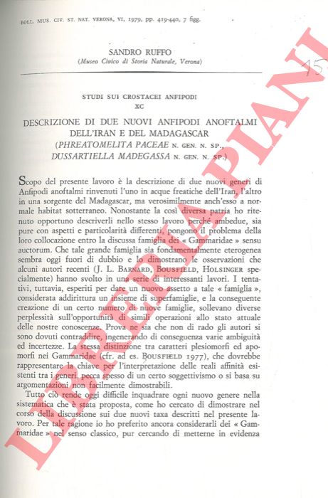 RUFFO Sandro - - Descrizione di due nuovi Anfipodi anoftalmi dell'Iran e del Madagascar (Phreatomelita paceae n.gen.n. sp., Dussartiella madegassa n.gen.n.sp.) .