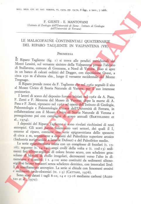 GIUSTI F. - MANTOVANI E. - - Le malacofaune continentali quaternarie del Riparo Tagliente in Valpantena (VR) .