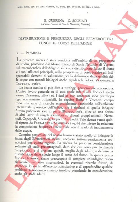 QUERENA E. - SOLBIATI C. - - Distribuzione e frequenza degli Efemerotteri lungo il corso dell'Adige.