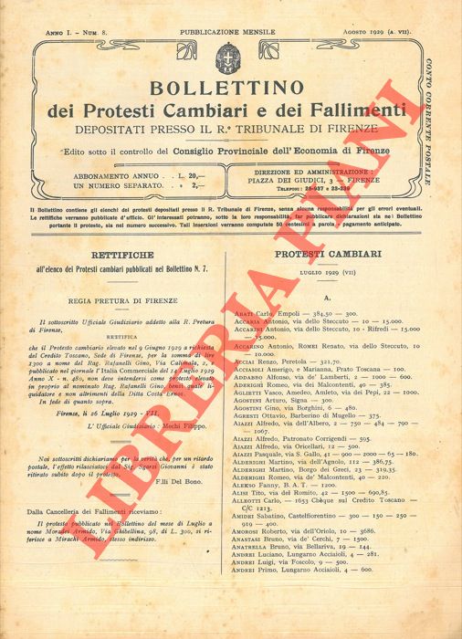 - - Bollettino dei Protesti Cambiari e dei Fallimenti. Tribunale di Firenze.