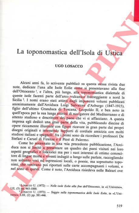 LOSACCO Ugo - - La toponomastica dell'Isola di Ustica.
