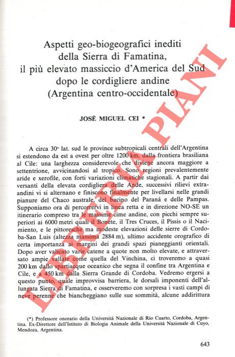 CEI Jos Miguel - - Aspetti geo-biogeografici inediti della Sierra di Famatina, il pi elevato massiccio d'America del Sud dopo le cordigliere andine (Argentina centro-occidentale) .
