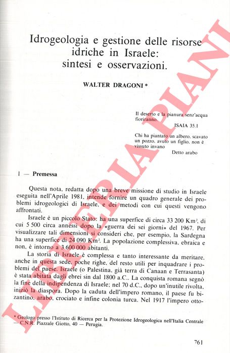 DRAGONI Walter - - Idrogeologia e gestione delle risorse idriche in Israele: sintesi e osservazioni.