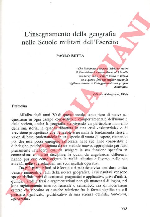 BETTA Paolo - - L'insegnamento della geografia nelle Scuole militari dell'Esercito.