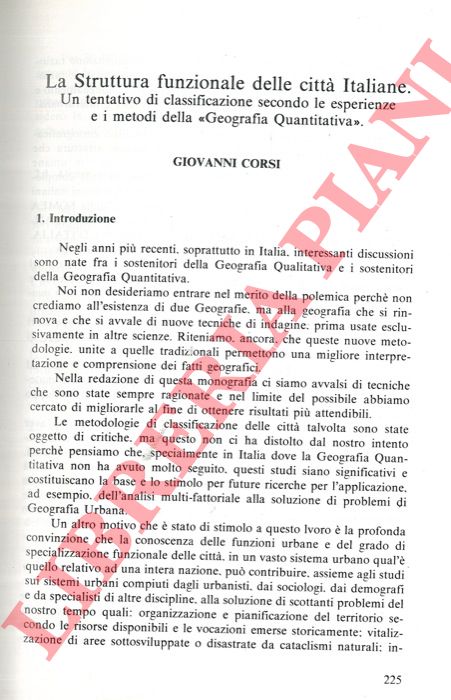 CORSI Giovanni - - La Struttura funzionale delle citt Italiane. Un tentativo di classificazione secondo le esperienze e i metodi della 'geografia quantitativa' .