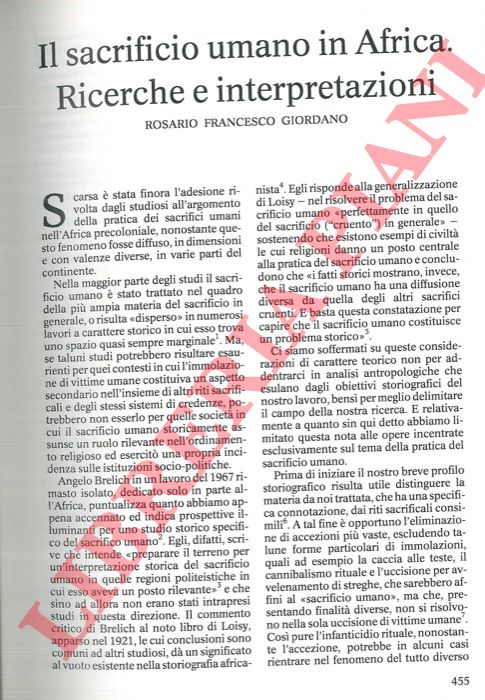 GIORDANO Rosario Francesco - - Il sacrificio umano in Africa. Ricerche e interpretazioni.