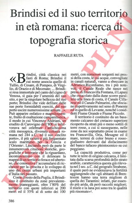 RUTA Raffaele - - Brindisi ed il suo territorio in et romana: ricerca di topografia storica.