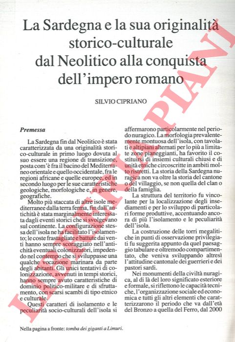 CIPRIANO Silvio - - La Sardegna e la sua originalit storico-culturale dal Neolitico alla conquista dell'impero romano.