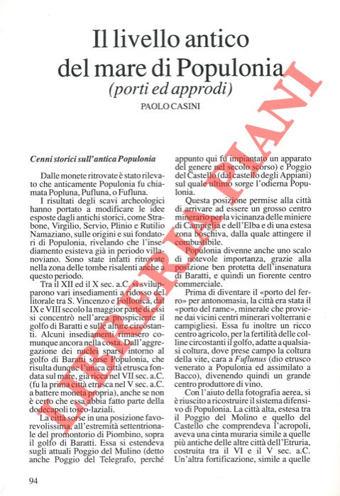 CASINI Paolo - - Il livello antico del mare di Populonia (porti ed approdi) .