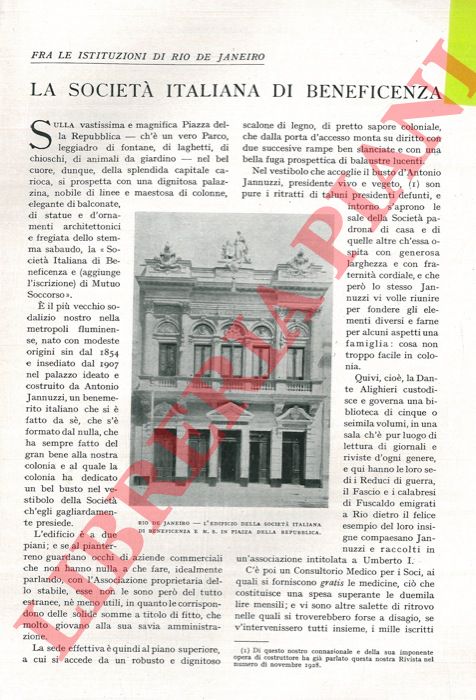 DA PARMA U. - - La Societ Italiana di Beneficienza. Fra le istituzioni di Rio De Janeiro.