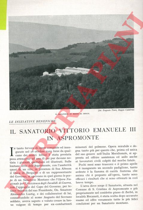 SGRILLI Emma - - Il sanatorio Vittorio Emanuele III in Aspromonte. Le iniziative benefiche.