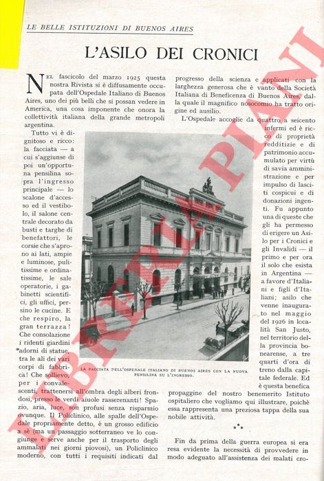 COLOMBO A. - - Le belle istituzioni di Buenos Aires. L'asilo dei cronici.