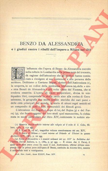 BISCARO Gerolamo - - Benzo da Alessandria e i giudizi contro i ribelli dell'impero a Milano nel 1311.