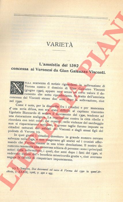 RIGHI Alessandro - - L'amnistia del 1392 concessa ai Veronesi da Gian Galeazzo Visconti.