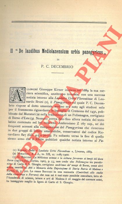 PETRAGLIONE Giuseppe - - Il 'De laudibus Mediolanensium urbis panegyricus' di P. C. Decembrio.