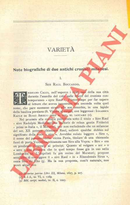 BISCARO Gerolamo - - Note biografiche di due antichi cronisti milanesi.
