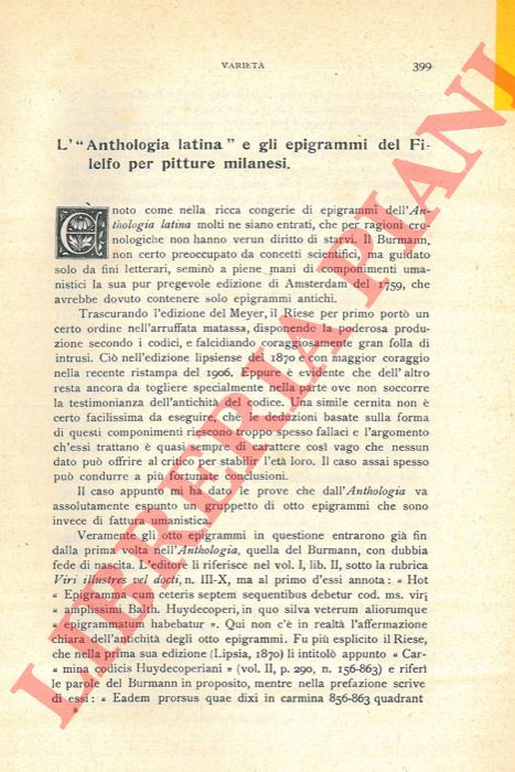 PICCI Cesare - - L' 'Anthologia latina' e gli epigrammi del Filelfo per pitture milanesi.