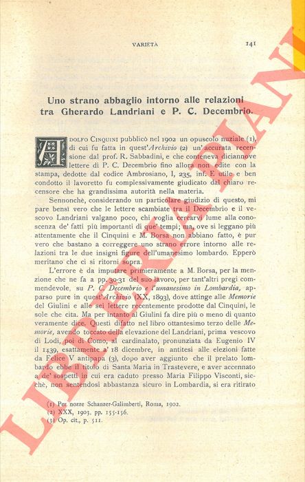 BUTTI Attilio - - Uno strano abbaglio intorno alle relazioni tra Gherardo Landriani e P. C. Decembrio.