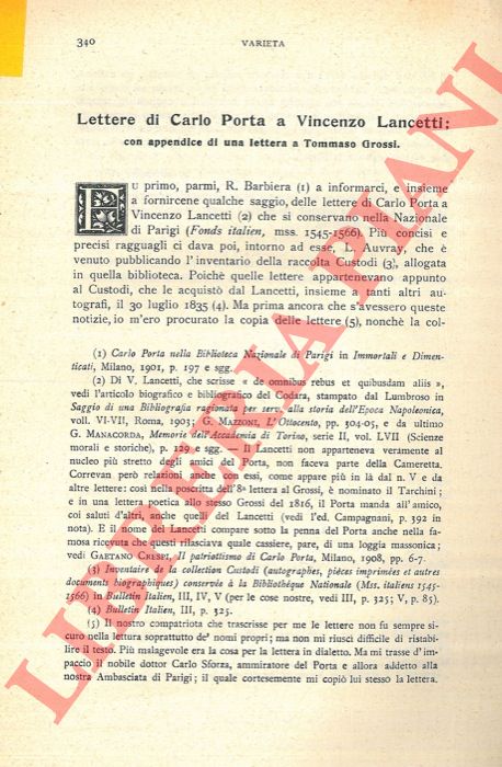 SALVIONI Carlo - - Lettere di Carlo Porta a Vincenzo Lancetti; con una appendice di una lettera a Tommaso Grossi.
