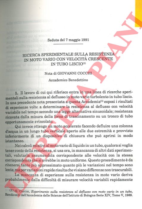 COCCHI Giovanni - - Ricerca sperimentale sulla resistenza in moto vario con velocit crescente in tubo liscio.