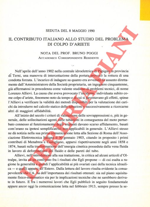 POGGI Bruno - - Il contributo italiano allo studio del problema di colpo d'ariete.