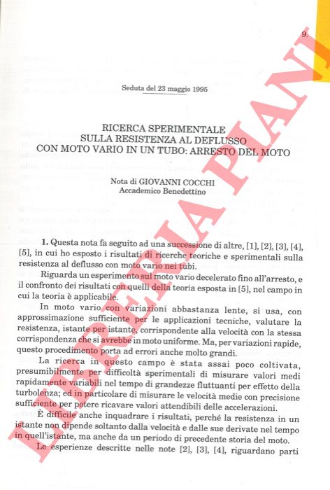 COCCHI Giovanni - - Ricerca sperimentale sulla resistenza al deflusso con moto vario in un tubo: arresto del moto.