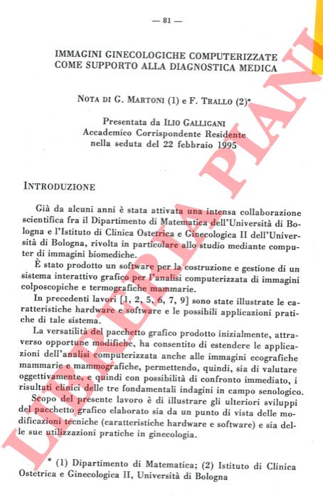 MARTONI G. - TRALLO F. - - Immagini ginecologiche computerizzate come supporto alla diagnostica medica.