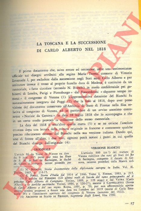 FURLANI Silvio - - La Toscana e la successione di Carlo Alberto nel 1848.
