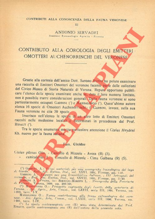SERVADEI Antonio - - Contributo alla corologia degli Emitteri Omotteri Auchenorrinchi del Veronese.