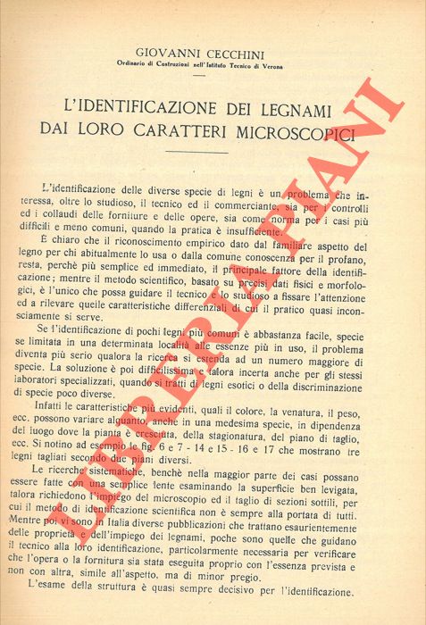 CECCHINI Giovanni - - L'identificazione dei legnami dai loro caratteri microscopici.