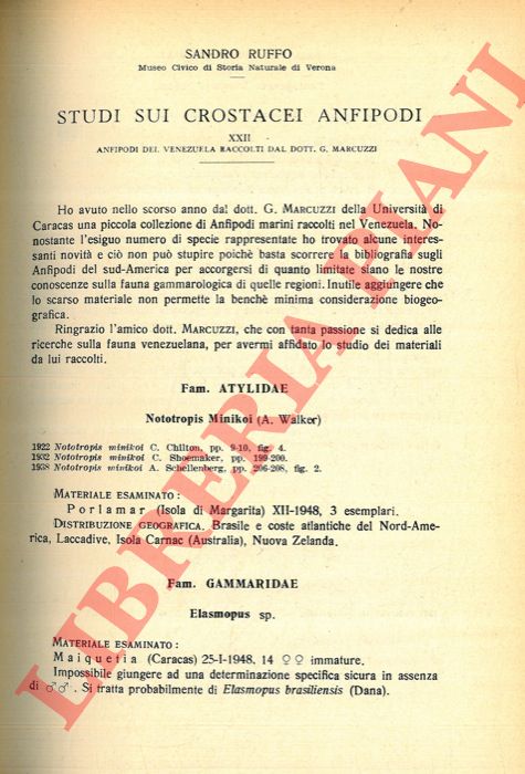 RUFFO Sandro - - Anfipodi del Venezuela raccolti dal Dr. G. Marcuzzi.