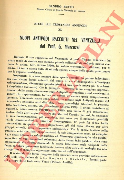 RUFFO Sandro - - Nuovi anfipodi raccolti nel Venezuela dal prof. G. Marcuzzi.