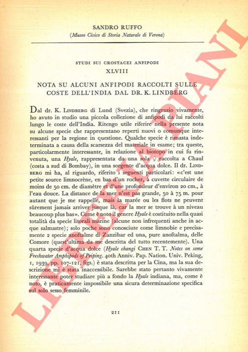 RUFFO Sandro - - Nota su alcuni Anfipodi raccolti sulle coste dell'India dal dr.K. Lindberg,