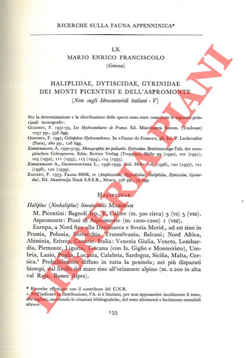 FRANCISCOLO Mario Enrico - - Halipidae, Dytiscidae, Gyrinidae dei Monti Picentini e dell'Aspromonte.