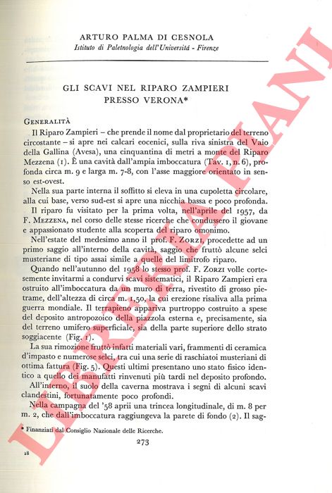 PALMA DI CESNOLA Arturo - - Gli scavi nel Riparo Zampieri presso Verona.