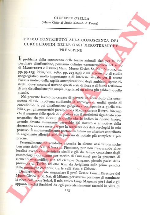 OSELLA G. - - Primo contributo alla conoscenza dei Curculionidi delle oasi xerotermiche prealpine.