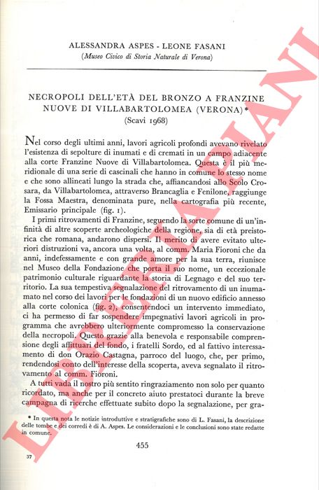 ASPES Alessandra - FASANI Leone - - Necropoli dell'et del Bronzo a Franzine Nuove di Villabartolomea (Verona) .