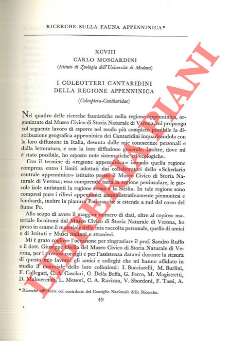 MOSCARDINI Carlo - - Coleotteri Cantaridini della regione appenninica (Coleoptera Cantharidae) .