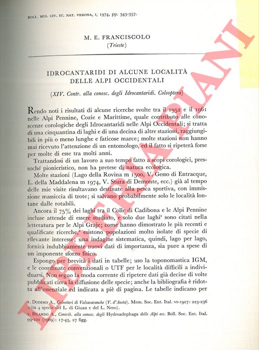 FRANCISCOLO Mario Enrico - - Idrocantaridi di alcune localit  delle Alpi occidentali.