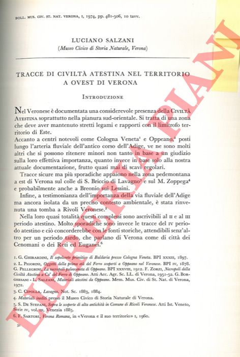 SALZANI Luciano - - Tracce di Civilt Atestina nel territorio a ovest di Verona.