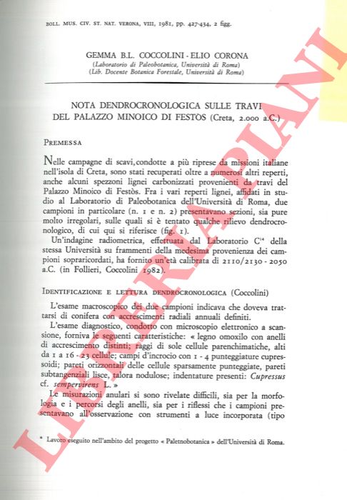 COCCOLINI Gemma B. L. - CORONA Elio - - Nota dendrocronologica sulle travi del Palazzo Minoico di Festos ( Creta, 2000 a. C. ) .