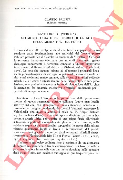 BALISTA Claudio - - Castelrotto (Verona) . Geomorfologia e territorio di un sito della media et del Ferro.