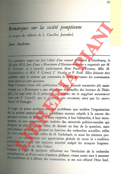 ANDREAU Jean - PUCCI Giuseppe - - Remarques sur la societ pompeienne ( propos des tablettes de L. Caecilus Jucundus) .